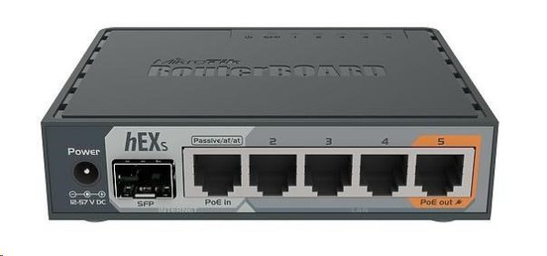 MikroTik RouterBOARD hEX S, 880MHz dvojjadrový CPU, 256MB RAM, 5x LAN, 1x SFP, PoE in/out, USB, microSD slot, vrátane. Licencia L4